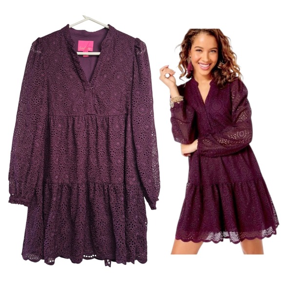 Lilly Pulitzer Dresses & Skirts - Lilly Pulitzer Womens XS Dress Winona‎ Eyelet Long Sleeve Cherry Ganache Tiered